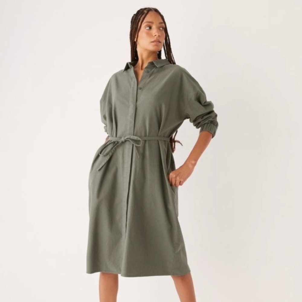 Shirtwaist Tie-Waist Midi Dress in Olive Green
